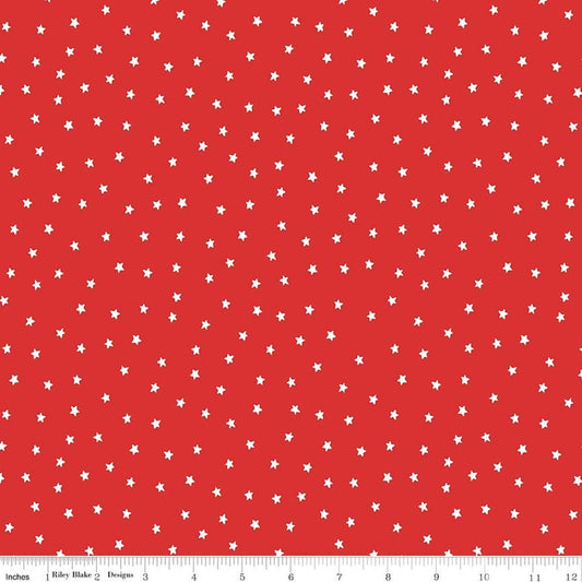 Image of Sew America Star Toss Red quilting cotton fabric by J. Wecker Frisch for Riley Blake Designs. Features vintage American stars on a red background. Cute Little Fabric Shop.