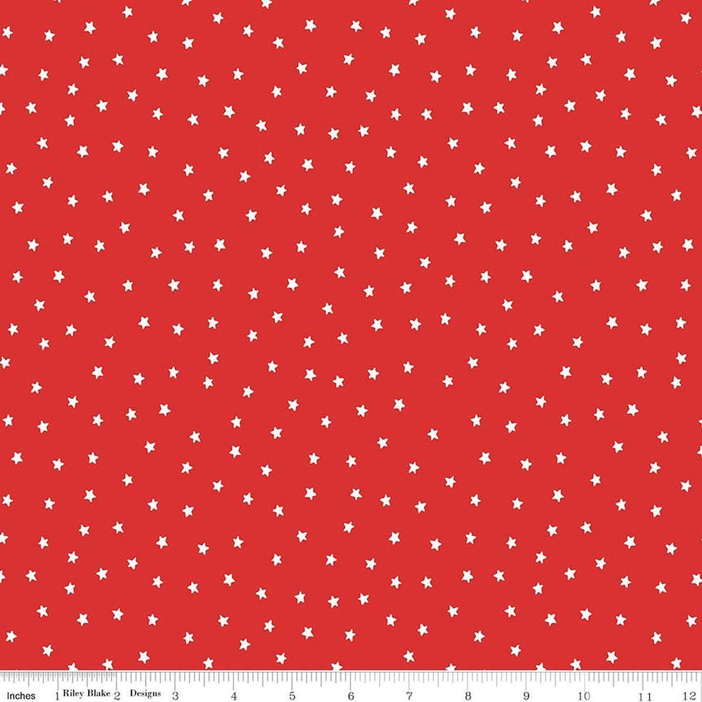 Image of Sew America Star Toss Red quilting cotton fabric by J. Wecker Frisch for Riley Blake Designs. Features vintage American stars on a red background. Cute Little Fabric Shop.