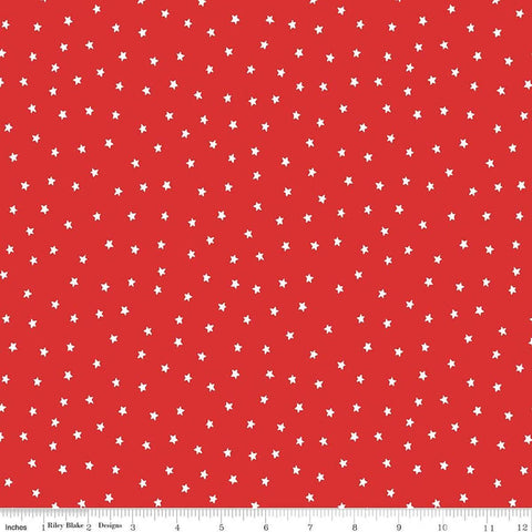 Image of Sew America Star Toss Red quilting cotton fabric by J. Wecker Frisch for Riley Blake Designs. Features vintage American stars on a red background. Cute Little Fabric Shop.