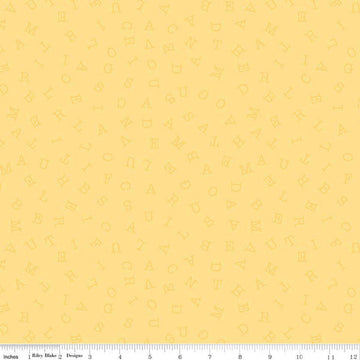 Image of Sew America Word Search Yellow quilting cotton fabric by J. Wecker Frisch for Riley Blake Designs. Features vintage American letters on a yellow background. Cute Little Fabric Shop.