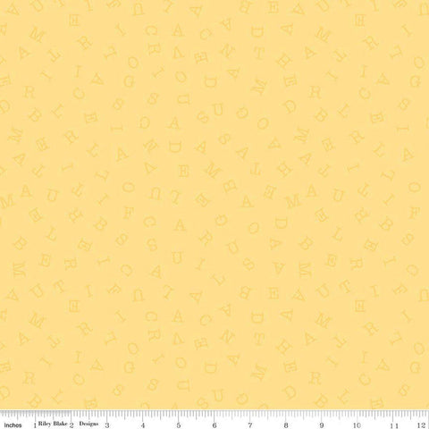 Image of Sew America Word Search Yellow quilting cotton fabric by J. Wecker Frisch for Riley Blake Designs. Features vintage American letters on a yellow background. Cute Little Fabric Shop.