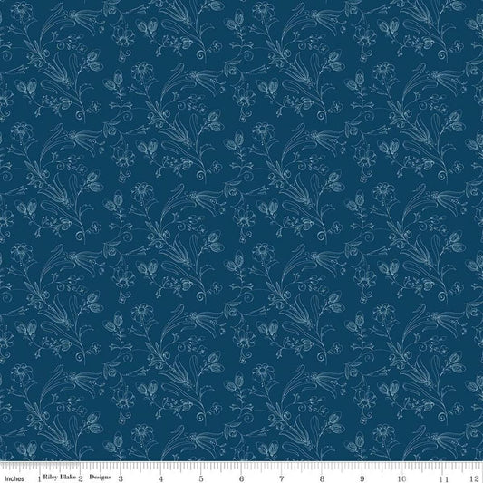 Image of Sew America Flower Vines Blue quilting cotton fabric by J. Wecker Frisch for Riley Blake Designs. Features vintage American flowers on a blue background. Cute Little Fabric Shop.