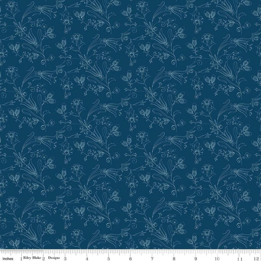 Image of Sew America Flower Vines Blue quilting cotton fabric by J. Wecker Frisch for Riley Blake Designs. Features vintage American flowers on a blue background. Cute Little Fabric Shop.