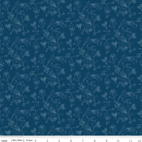 Image of Sew America Flower Vines Blue quilting cotton fabric by J. Wecker Frisch for Riley Blake Designs. Features vintage American flowers on a blue background. Cute Little Fabric Shop.