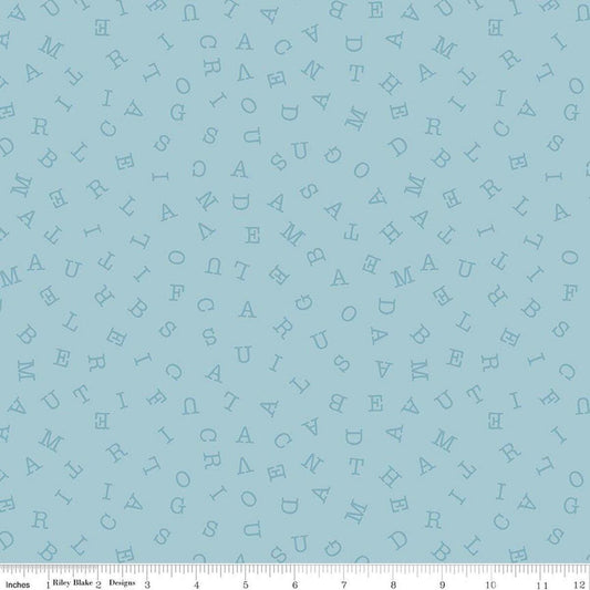 Image of Sew America Word Search Blue quilting cotton fabric by J. Wecker Frisch for Riley Blake Designs. Features vintage American letters on a blue background. Cute Little Fabric Shop.