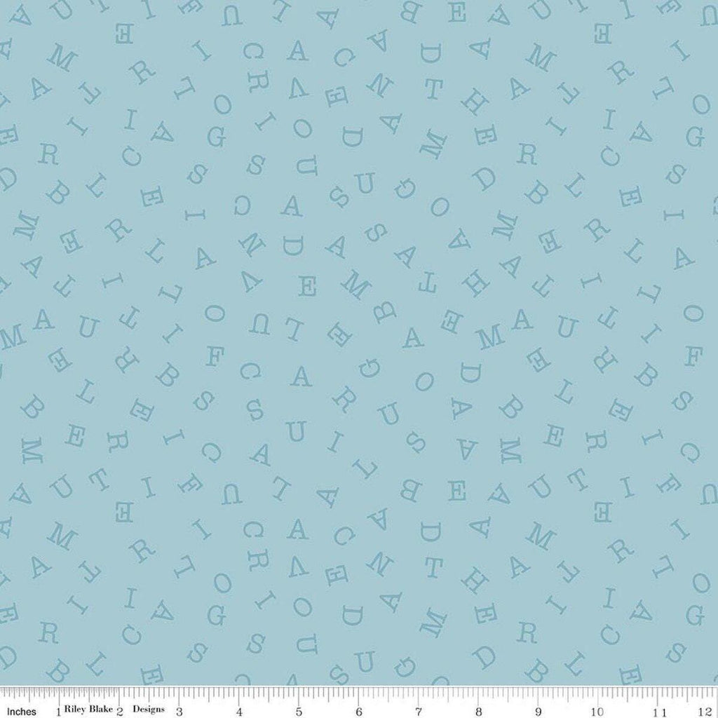 Image of Sew America Word Search Blue quilting cotton fabric by J. Wecker Frisch for Riley Blake Designs. Features vintage American letters on a blue background. Cute Little Fabric Shop.