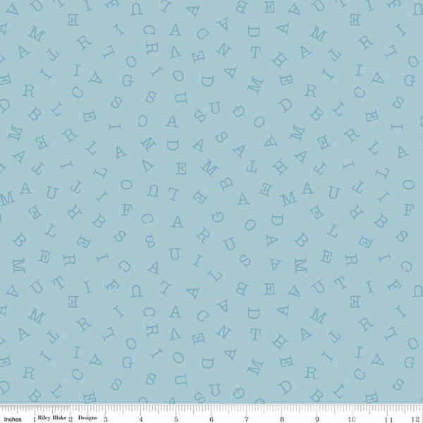 Image of Sew America Word Search Blue quilting cotton fabric by J. Wecker Frisch for Riley Blake Designs. Features vintage American letters on a blue background. Cute Little Fabric Shop.