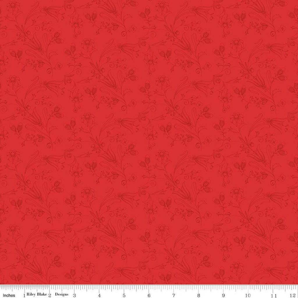 Image of Sew America Flower Vines Red quilting cotton fabric by J. Wecker Frisch for Riley Blake Designs. Features vintage American flowers on a red background. Cute Little Fabric Shop.