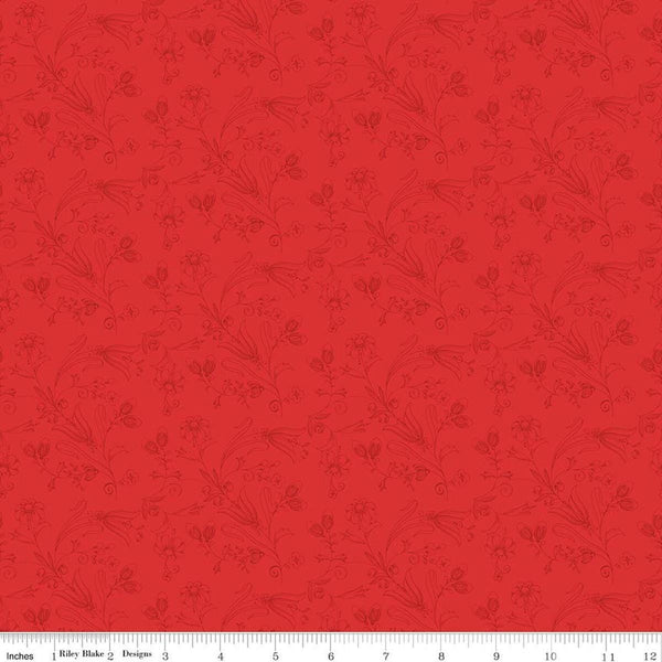 Image of Sew America Flower Vines Red quilting cotton fabric by J. Wecker Frisch for Riley Blake Designs. Features vintage American flowers on a red background. Cute Little Fabric Shop.