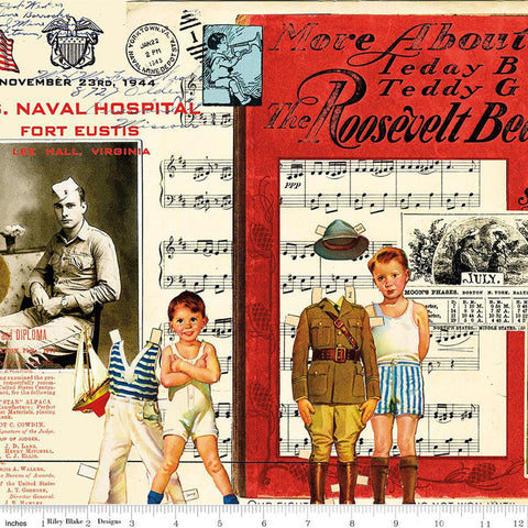 Image of Sew America Collage Multi quilting cotton fabric by J. Wecker Frisch for Riley Blake Designs. Features vintage American sheet music and ads on a red and cream background. Cute Little Fabric Shop.