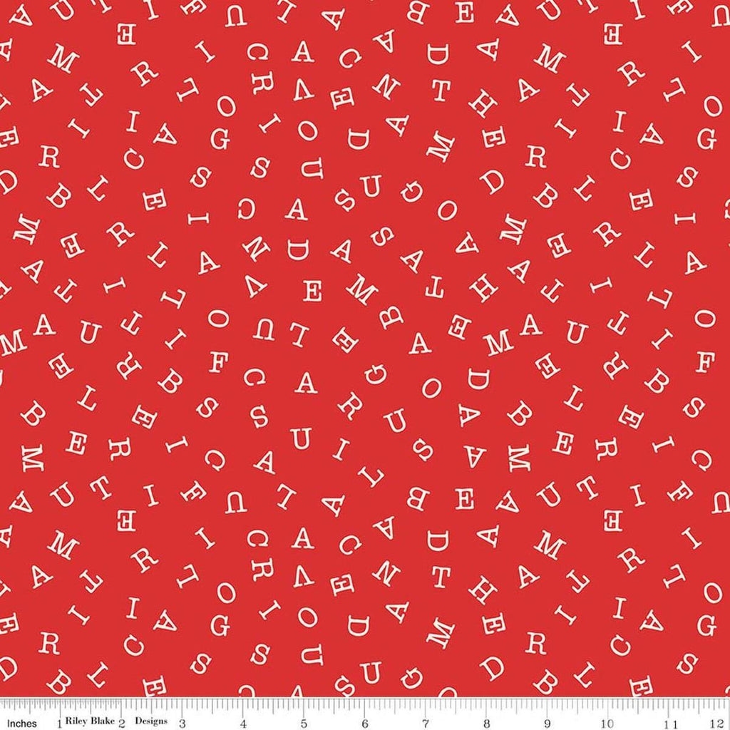 Image of Sew America Word Search Red quilting cotton fabric by J. Wecker Frisch for Riley Blake Designs. Features vintage American letters on a red background. Cute Little Fabric Shop.