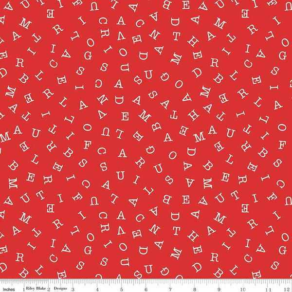 Image of Sew America Word Search Red quilting cotton fabric by J. Wecker Frisch for Riley Blake Designs. Features vintage American letters on a red background. Cute Little Fabric Shop.