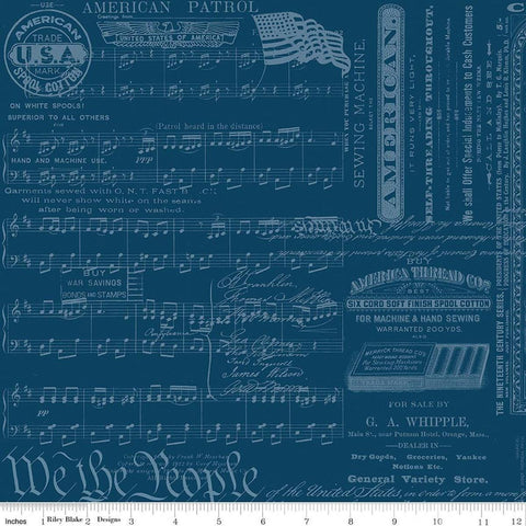 Image of Sew America Patriotic Text Blue quilting cotton fabric by J. Wecker Frisch for Riley Blake Designs. Features vintage American sheet music on a blue background. Cute Little Fabric Shop.