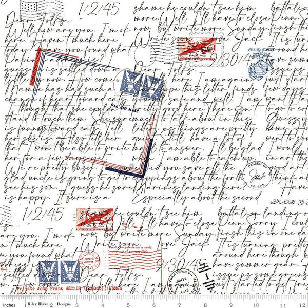 Image of Sew America Dear Folks WWII Whtie quilting cotton fabric by J. Wecker Frisch for Riley Blake Designs. Features vintage American handwritten letters on a white background. Cute Little Fabric Shop.