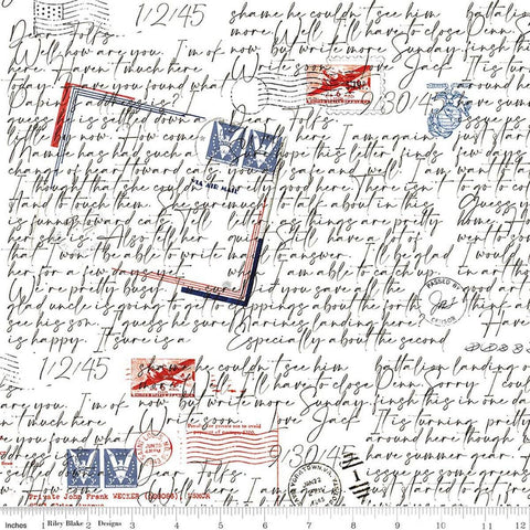 Image of Sew America Dear Folks WWII Whtie quilting cotton fabric by J. Wecker Frisch for Riley Blake Designs. Features vintage American handwritten letters on a white background. Cute Little Fabric Shop.