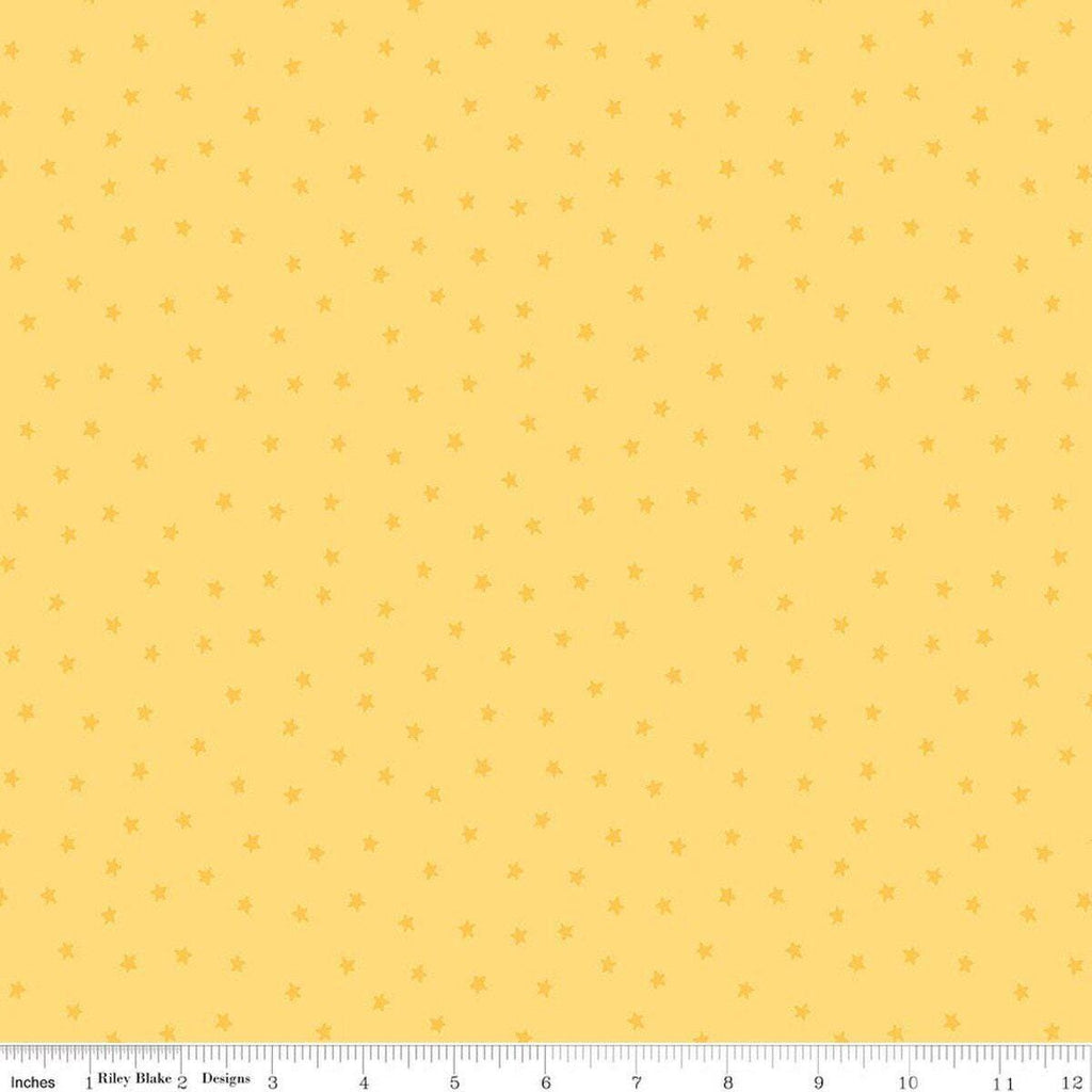 Image of Sew America Star Toss Yellow quilting cotton fabric by J. Wecker Frisch for Riley Blake Designs. Features vintage American stars on a yellow background. Cute Little Fabric Shop.