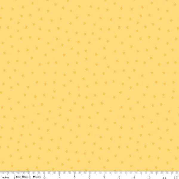 Image of Sew America Star Toss Yellow quilting cotton fabric by J. Wecker Frisch for Riley Blake Designs. Features vintage American stars on a yellow background. Cute Little Fabric Shop.
