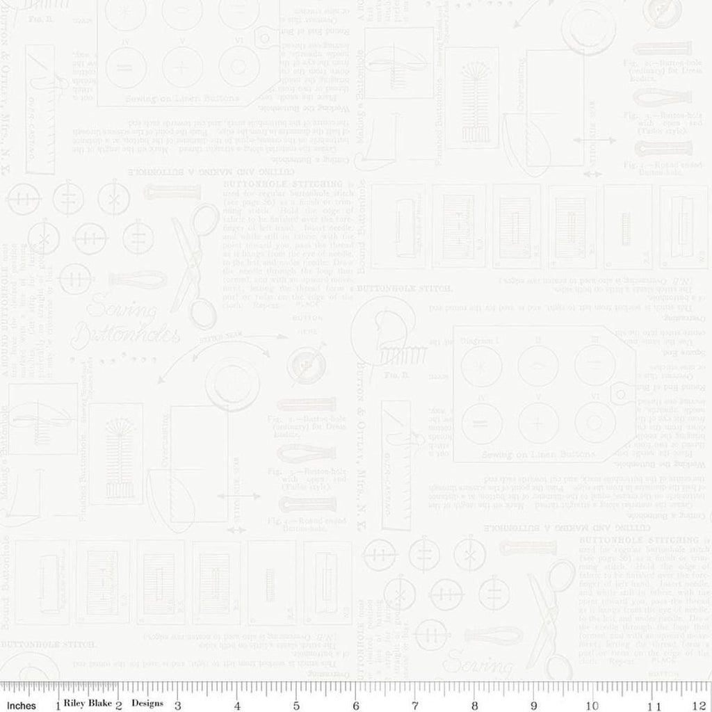 Image of Sew America Sewing Notes White quilting cotton fabric by J. Wecker Frisch for Riley Blake Designs. Features vintage American sewing notes on a white background. Cute Little Fabric Shop.