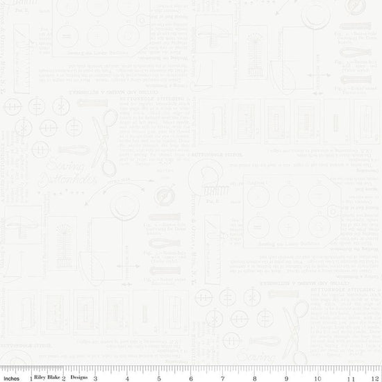 Image of Sew America Sewing Notes White quilting cotton fabric by J. Wecker Frisch for Riley Blake Designs. Features vintage American sewing notes on a white background. Cute Little Fabric Shop.