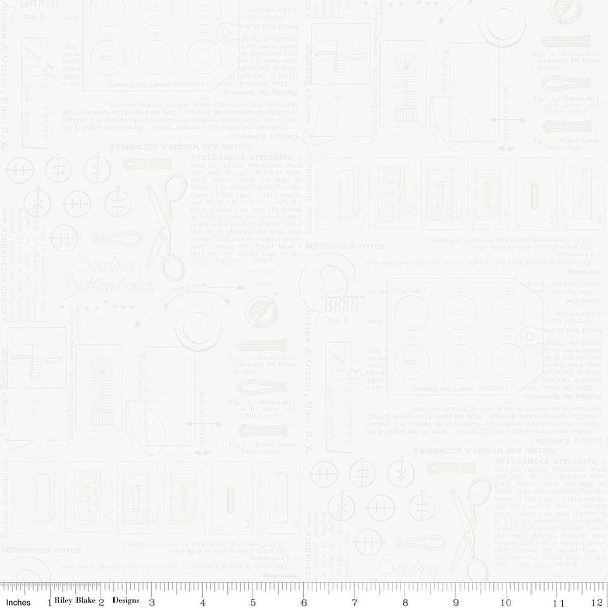 Image of Sew America Sewing Notes White quilting cotton fabric by J. Wecker Frisch for Riley Blake Designs. Features vintage American sewing notes on a white background. Cute Little Fabric Shop.