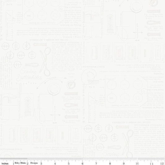 Image of Sew America Sewing Notes White quilting cotton fabric by J. Wecker Frisch for Riley Blake Designs. Features vintage American sewing notes on a white background. Cute Little Fabric Shop.