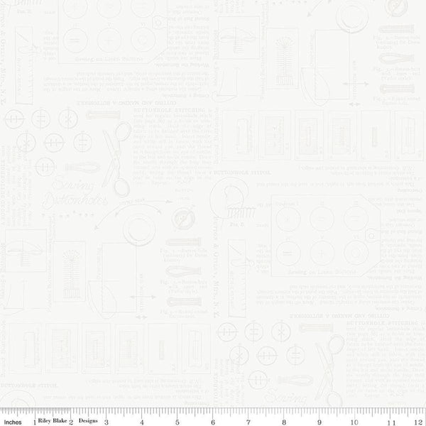 Image of Sew America Sewing Notes White quilting cotton fabric by J. Wecker Frisch for Riley Blake Designs. Features vintage American sewing notes on a white background. Cute Little Fabric Shop.