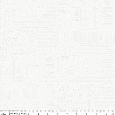 Image of Sew America Sewing Notes White quilting cotton fabric by J. Wecker Frisch for Riley Blake Designs. Features vintage American sewing notes on a white background. Cute Little Fabric Shop.