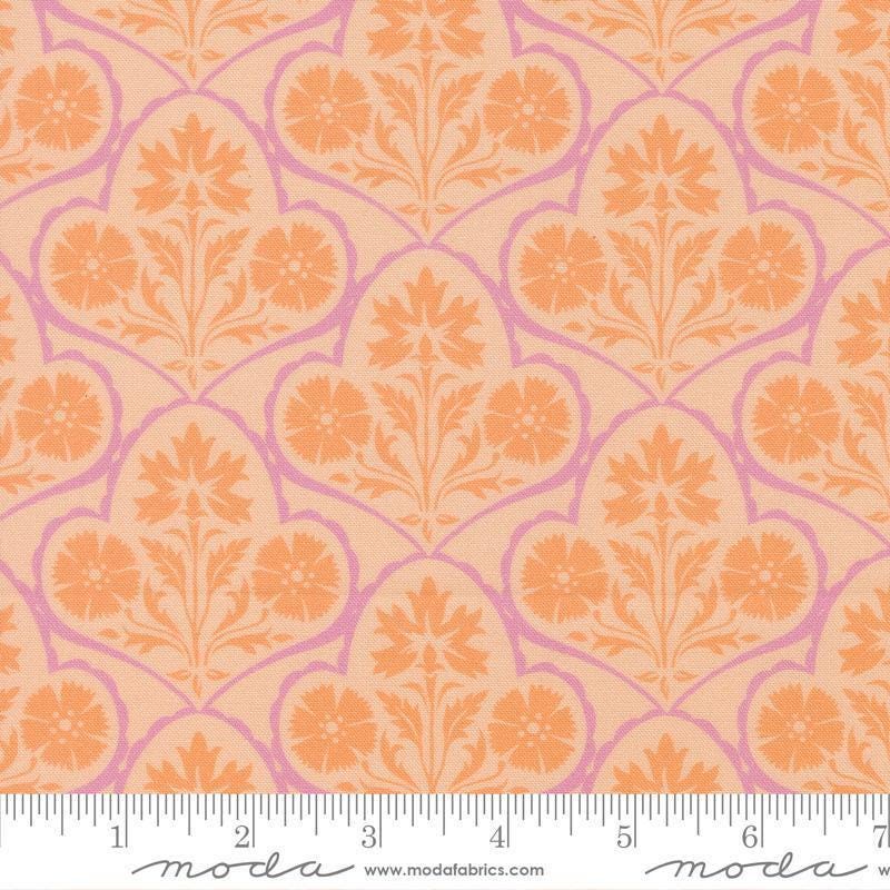 Image of Cannon Beach Damask Blush quilting cotton fabric by Crystal Manning for Moda Fabrics. Features flowers on an orange background. Cute Little Fabric Shop.