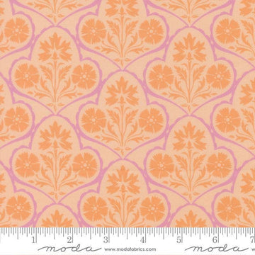 Image of Cannon Beach Damask Blush quilting cotton fabric by Crystal Manning for Moda Fabrics. Features flowers on an orange background. Cute Little Fabric Shop.
