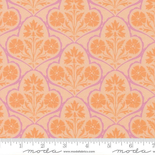 Image of Cannon Beach Damask Blush quilting cotton fabric by Crystal Manning for Moda Fabrics. Features flowers on an orange background. Cute Little Fabric Shop.
