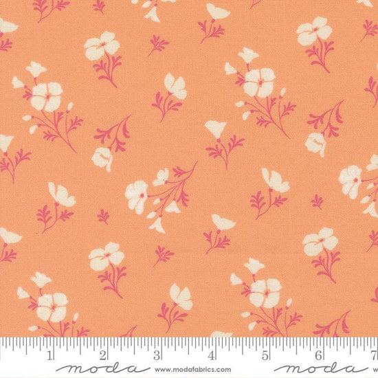 Image of Cannon Beach Astoria Peach quilting cotton fabric by Crystal Manning for Moda Fabrics. Features flowers on an orange background. Cute Little Fabric Shop.