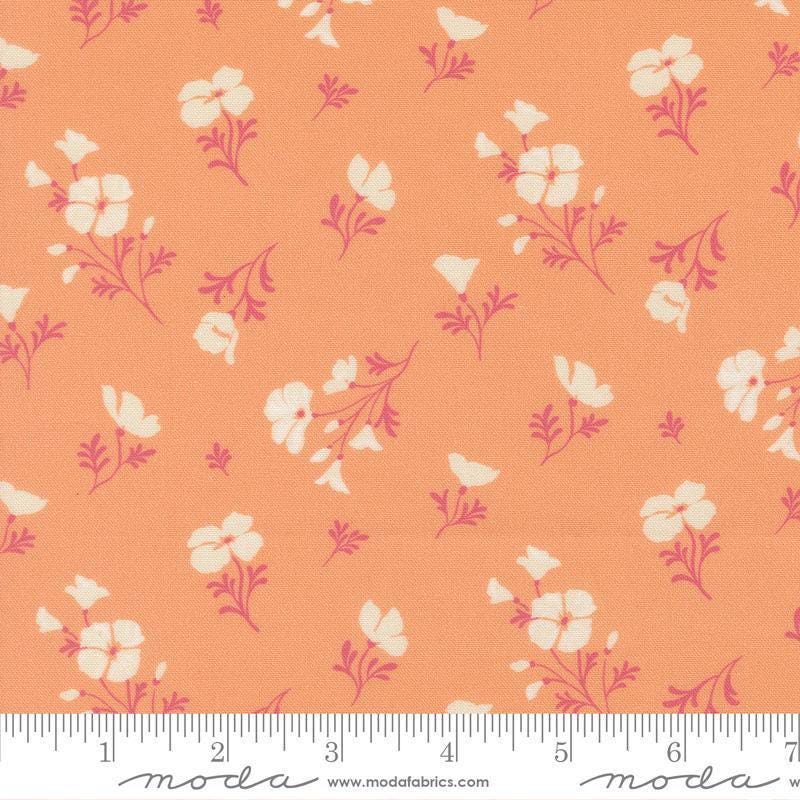 Image of Cannon Beach Astoria Peach quilting cotton fabric by Crystal Manning for Moda Fabrics. Features flowers on an orange background. Cute Little Fabric Shop.