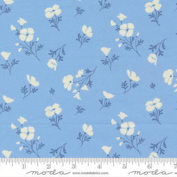 Image of Cannon Beach Astoria Sky quilting cotton fabric by Crystal Manning for Moda Fabrics. Features flowers on a blue background. Cute Little Fabric Shop.