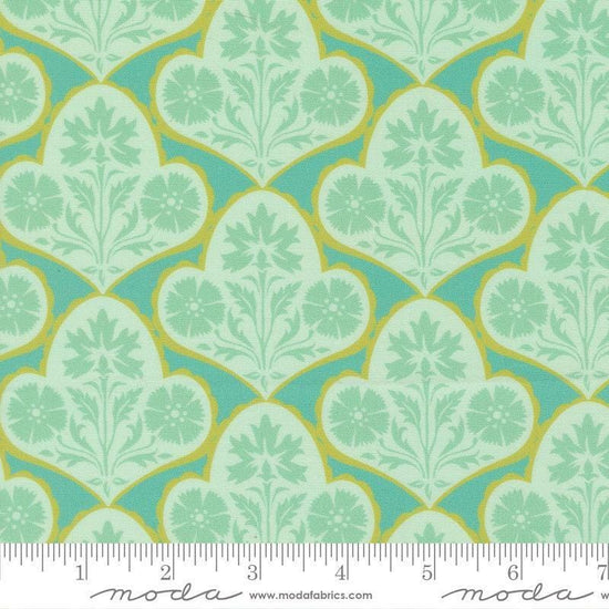 Image of Cannon Beach Damask Turquoise quilting cotton fabric by Crystal Manning for Moda Fabrics. Features flowers on a green background. Cute Little Fabric Shop.