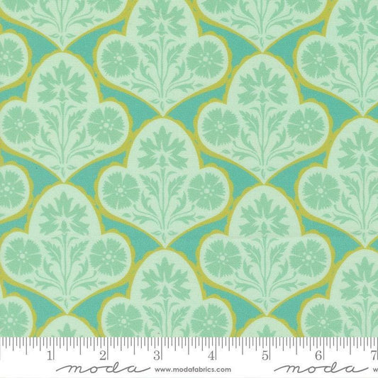 Image of Cannon Beach Damask Turquoise quilting cotton fabric by Crystal Manning for Moda Fabrics. Features flowers on a green background. Cute Little Fabric Shop.