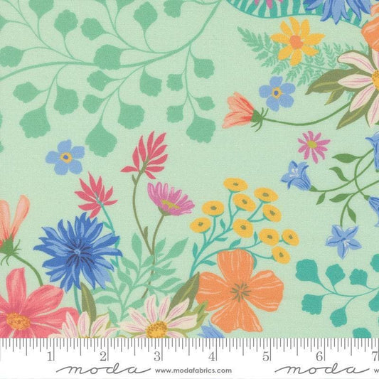 Image of Cannon Beach Meadow Aqua quilting cotton fabric by Crystal Manning for Moda Fabrics. Features flowers on a green background. Cute Little Fabric Shop.
