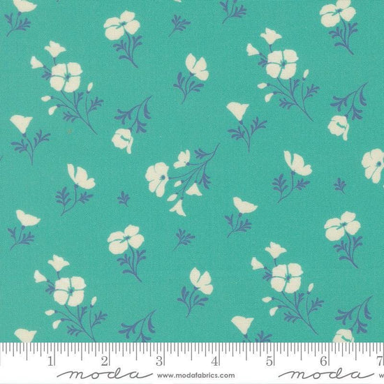 Image of Cannon Beach Astoria Turquoise quilting cotton fabric by Crystal Manning for Moda Fabrics. Features flowers on a green background. Cute Little Fabric Shop.
