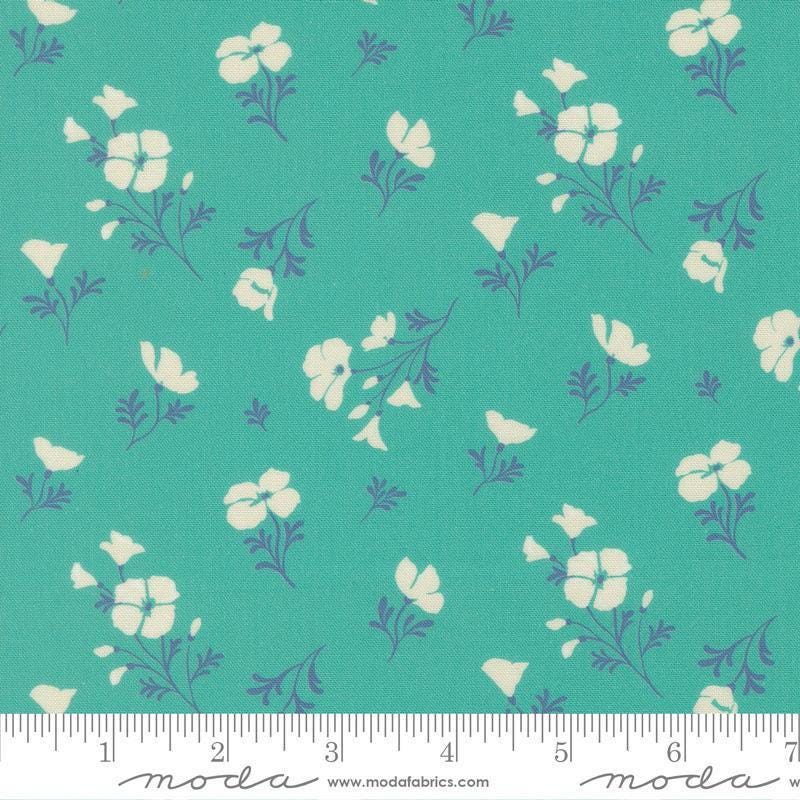 Image of Cannon Beach Astoria Turquoise quilting cotton fabric by Crystal Manning for Moda Fabrics. Features flowers on a green background. Cute Little Fabric Shop.