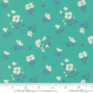 Image of Cannon Beach Astoria Turquoise quilting cotton fabric by Crystal Manning for Moda Fabrics. Features flowers on a green background. Cute Little Fabric Shop.