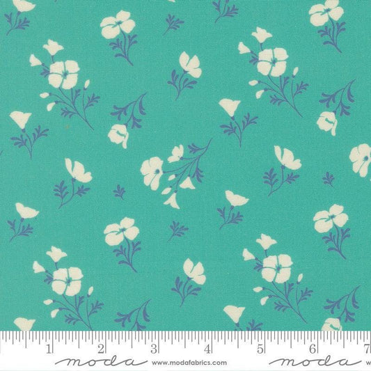 Image of Cannon Beach Astoria Turquoise quilting cotton fabric by Crystal Manning for Moda Fabrics. Features flowers on a green background. Cute Little Fabric Shop.