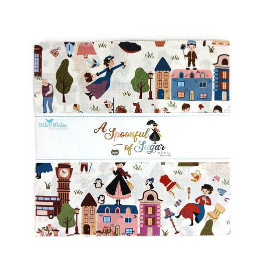 The image is a colorful and whimsical fabric with various illustrations of people, buildings, and objects, including a clock, a woman in a pink dress, and a man in a suit.