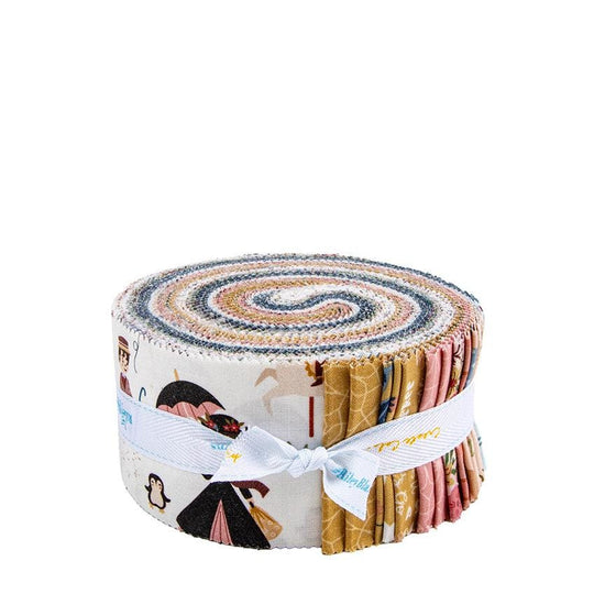A roll of fabric with a spiral pattern and various colorful fabric swatches tied together with a white ribbon.