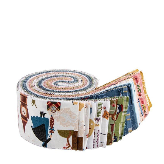 A collection of colorful fabric swatches, each with unique patterns and designs, arranged in a spiral pattern.