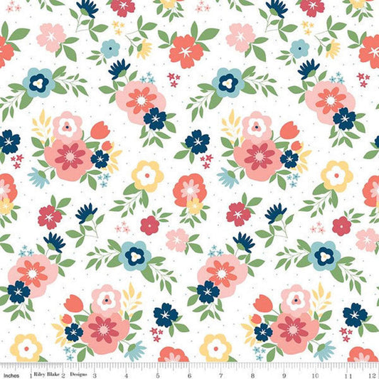 25" End of Bolt - DEAL Sew Much Fun Main C12450 White by Riley Blake Designs - Floral Flowers Pin Dots - Quilting Cotton Fabric