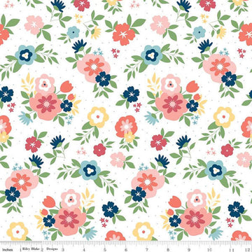 9" End of Bolt - SALE Sew Much Fun Main C12450 White by Riley Blake Designs - Floral Flowers Pin Dots - Quilting Cotton Fabric