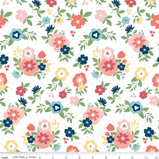 9" End of Bolt - DEAL Sew Much Fun Main C12450 White by Riley Blake Designs - Floral Flowers Pin Dots - Quilting Cotton Fabric