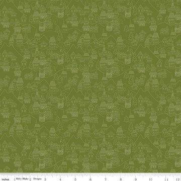 9" End of Bolt - CLEARANCE Fable Village C12713 Olive - Riley Blake - Line-Drawn Buildings Houses Roads Trees - Quilting Cotton Fabric