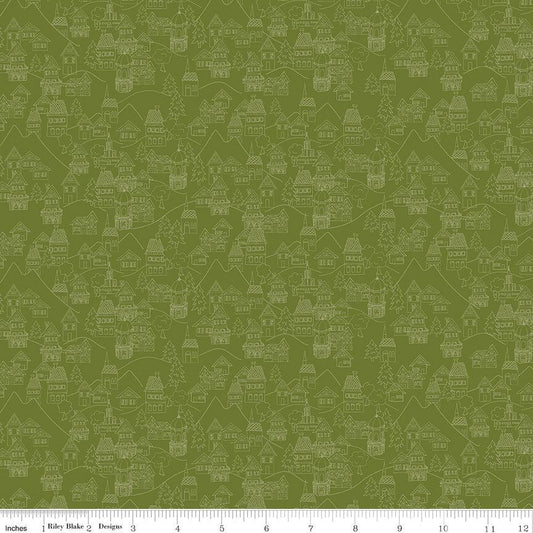 9" End of Bolt - CLEARANCE Fable Village C12713 Olive - Riley Blake - Line-Drawn Buildings Houses Roads Trees - Quilting Cotton Fabric