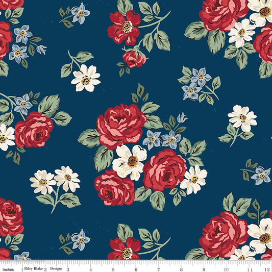 2 yard 33" End of Bolt - DEAL Independence Floral Oxford Blue Patriotic Fabric WIDEBACK 108" Wide - Riley Blake Quilting Cotton Fabric