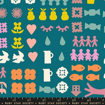 Image of Paper Cuts 2 Novelty Storytime quilting cotton fabric by Ruby Star Society for Moda Fabrics. Features shapes on a blue background. Cute Little Fabric Shop.